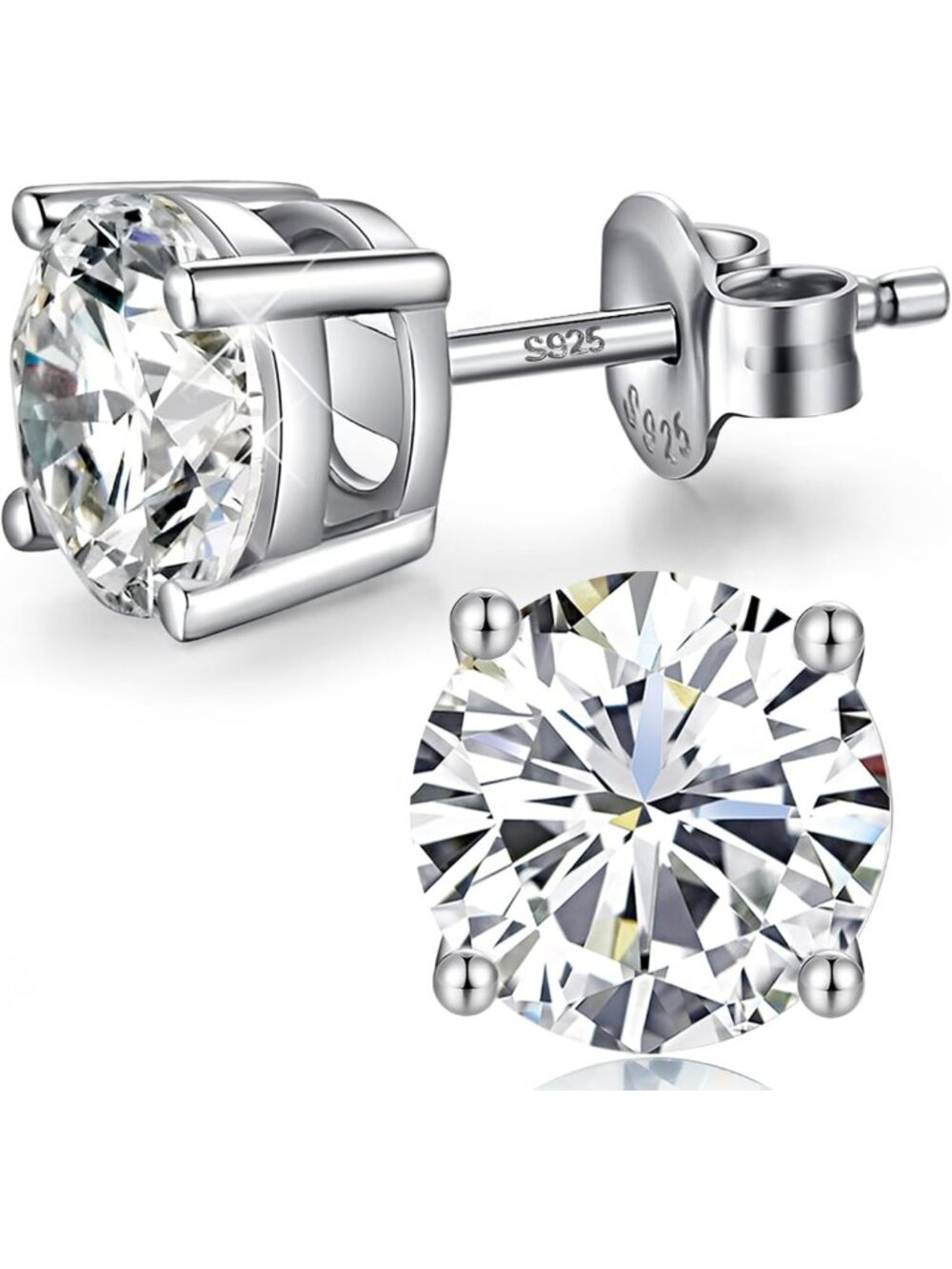 18K White Gold Plated Cubic Zirconia Stud Earrings - Round & Square Cut, 4mm-8mm